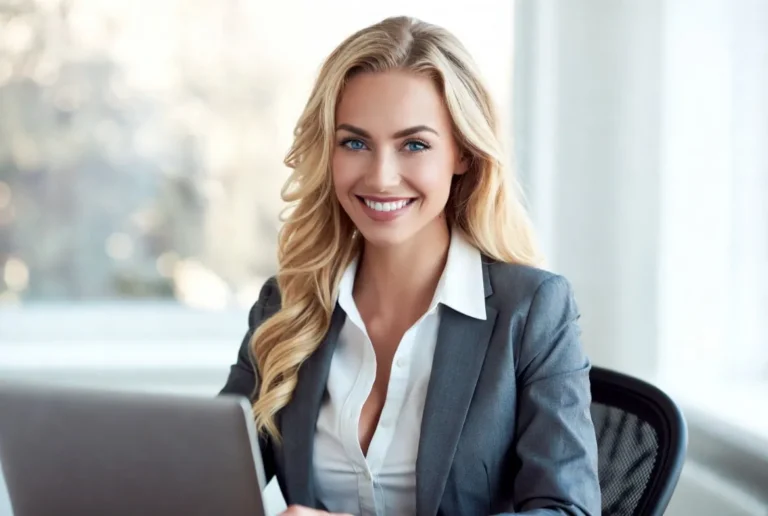 smiling woman at a desk as a client of iqmarketers.com
